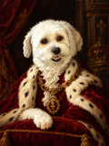 Royal style custom pet portrait of a small white fluffy dog in a red velvet cloak