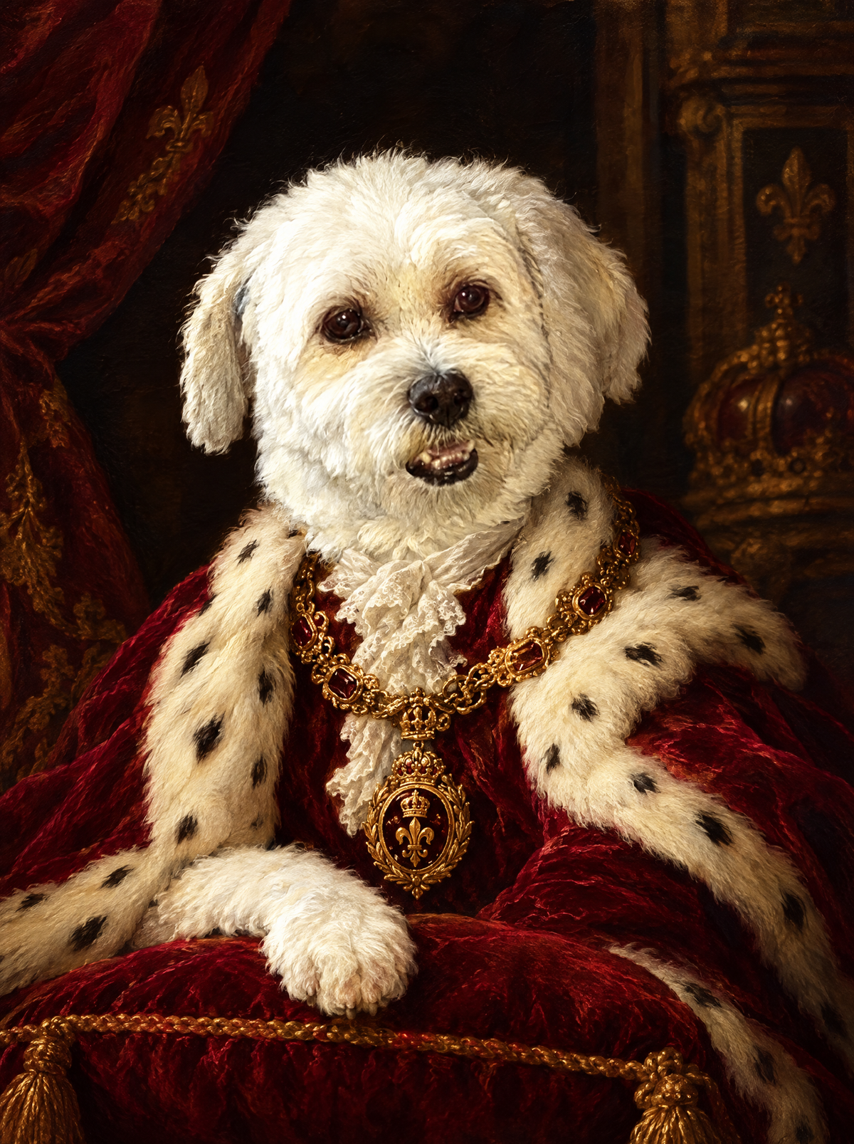 Royal style custom pet portrait of a small white fluffy dog in a red velvet cloak