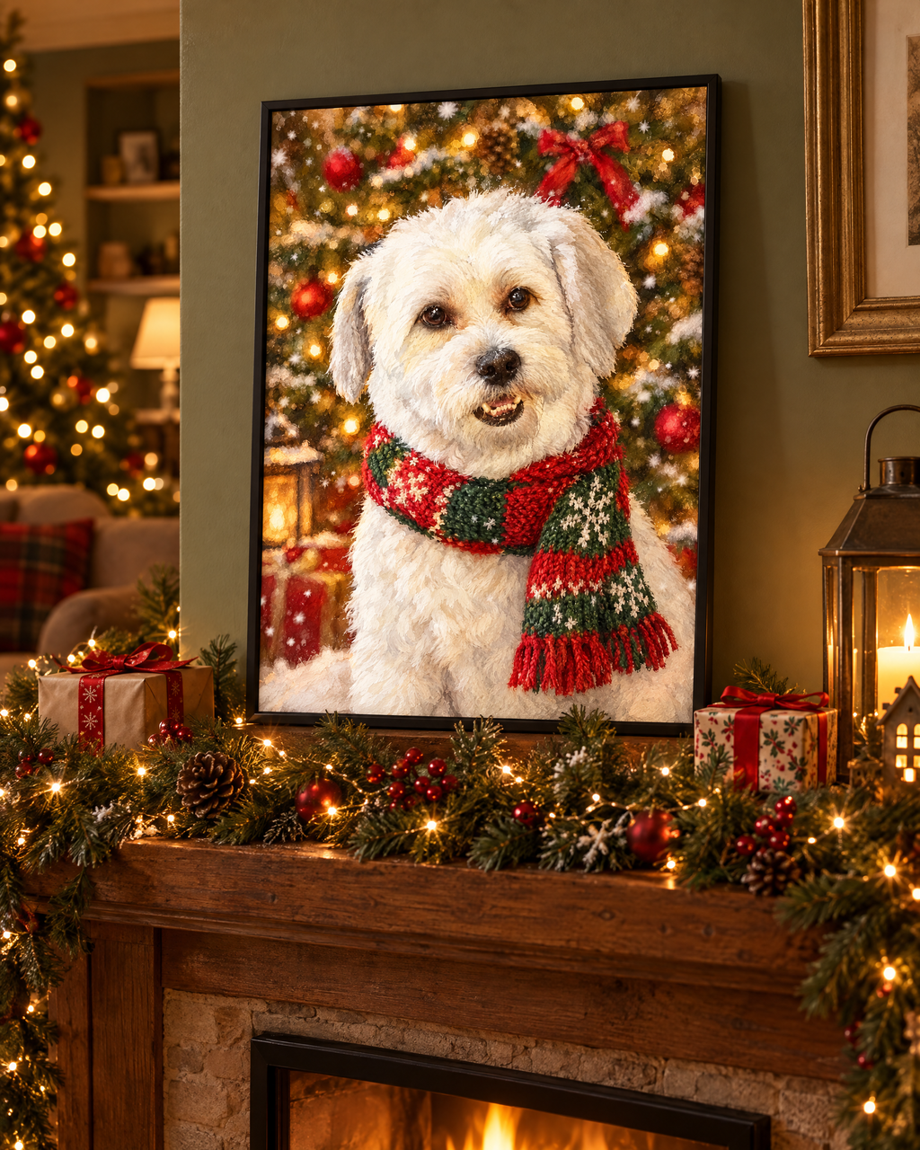 Christmas pet portrait in a black frame on a festive mantelpiece