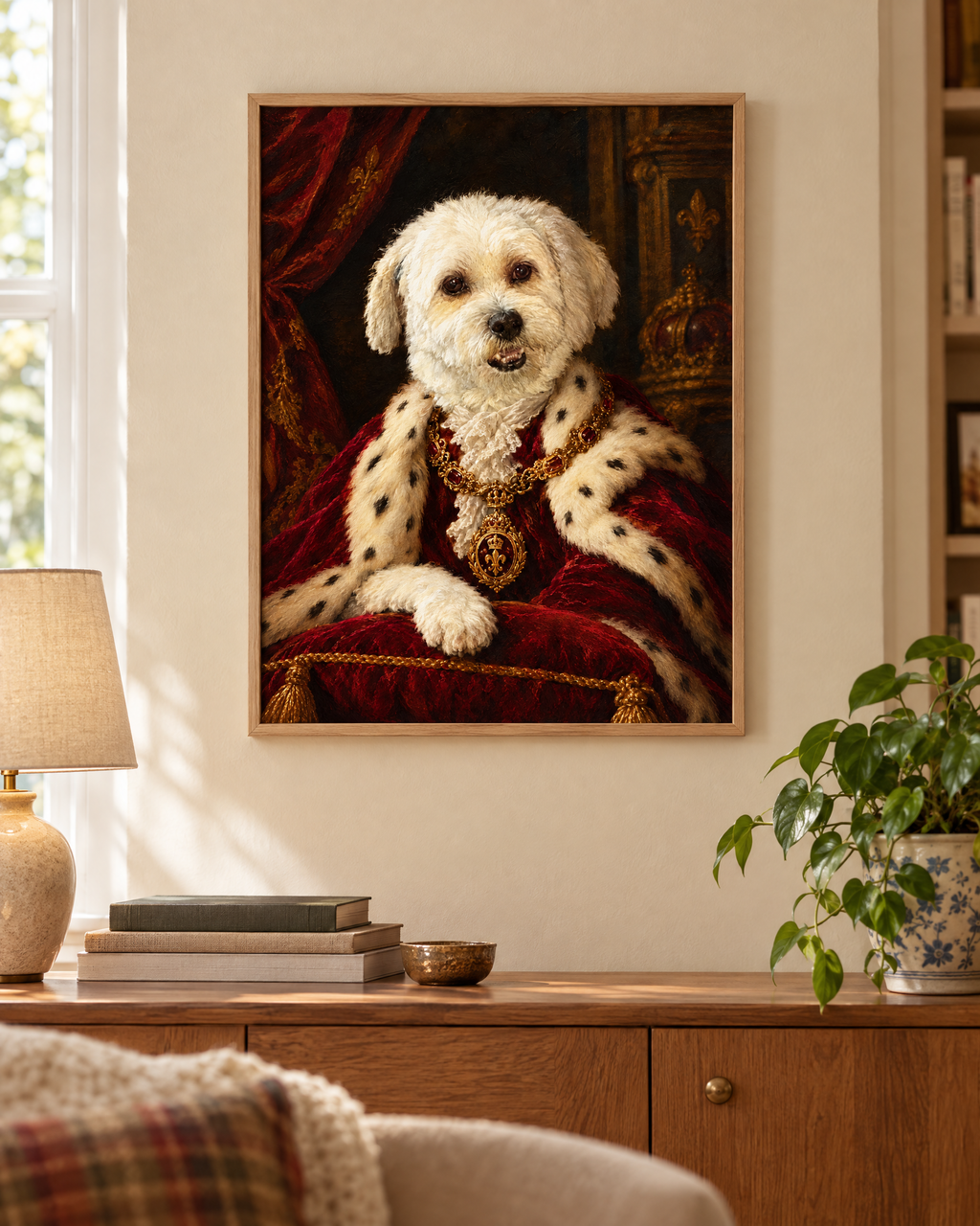 Royal pet portrait in a natural wood frame hanging above a sideboard in a living room