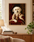 Royal pet portrait in a wood frame above a sideboard